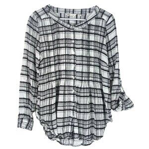 Caffe Marrakesh Womens Plaid Tunic Top Shirt Micro Pleat Texture Black White Med